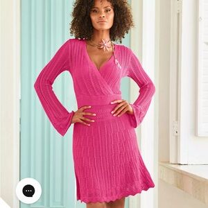 Boston Proper Crochet Surplice A-Line Dress & Slip Shocking Pink Size Small